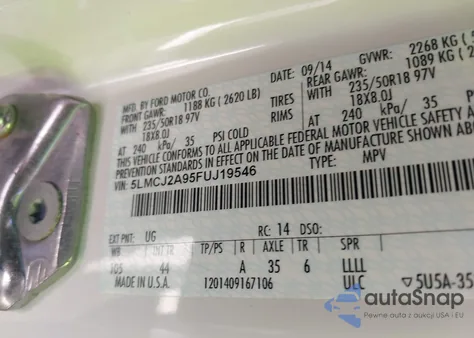 2015 Lincoln Mkc z USA, uszkodzony, nr VIN 5LMCJ2A95FUJ19546